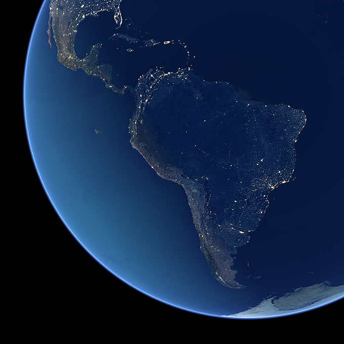 Night-time view of South America.