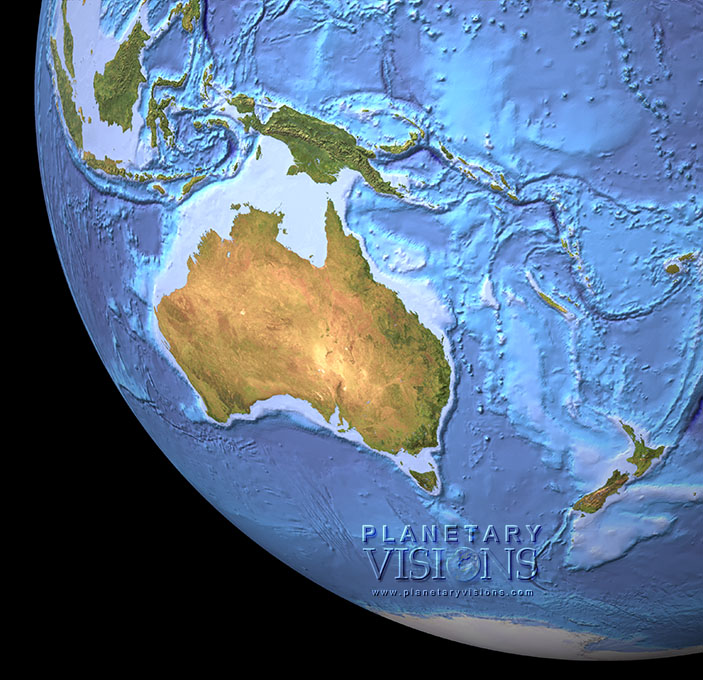 Cloud-free view of Australia with ocean depth.