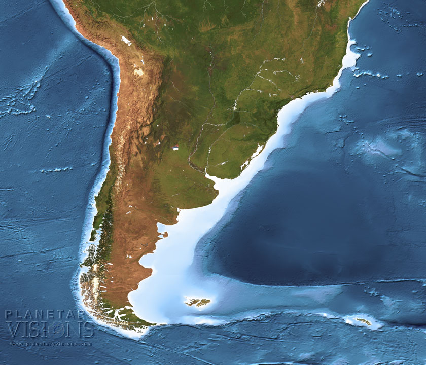South America  - satellite + bathymetry