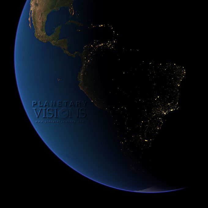 Night-time view of South America.